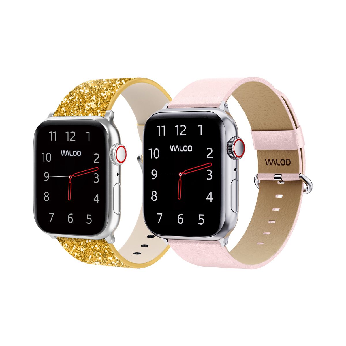 Waloo&reg; Bling & Leather Grain Bands for Apple Watch (2-Pack) - 42/44/45/49mm / Gold Bling + Pink Grain