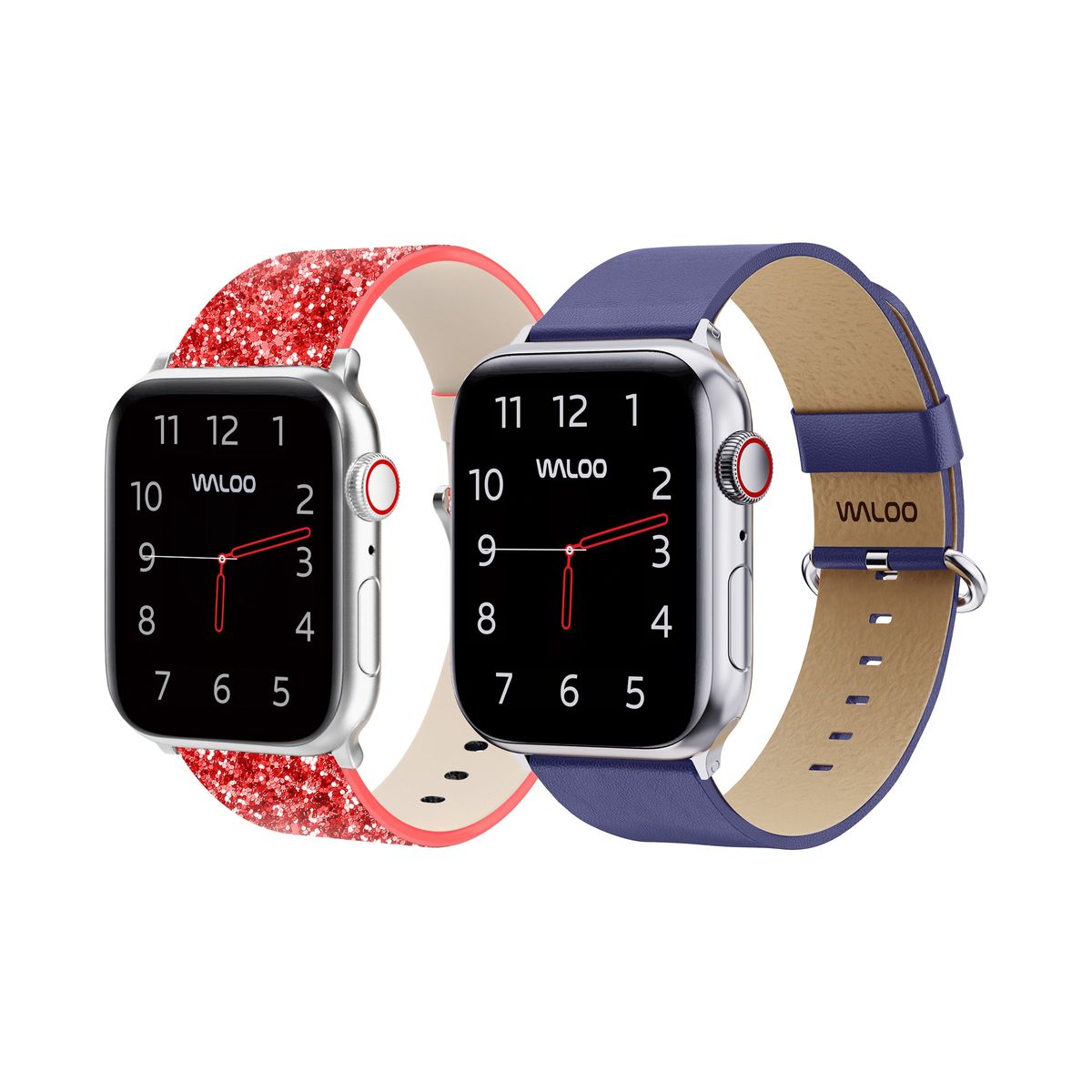 Waloo 2 Pack Leather Bling & Leather Grain Apple Watch Bands 44/45/46/49mm Red Bling + Navy Leather Grain
