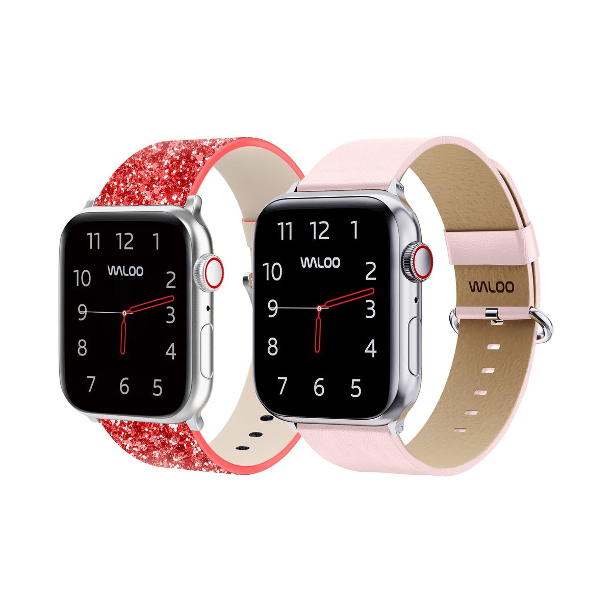 Waloo® Bling & Leather Grain Bands for Apple Watch (2-Pack) - 42/44/45/49mm / Red Bling + Pink Grain