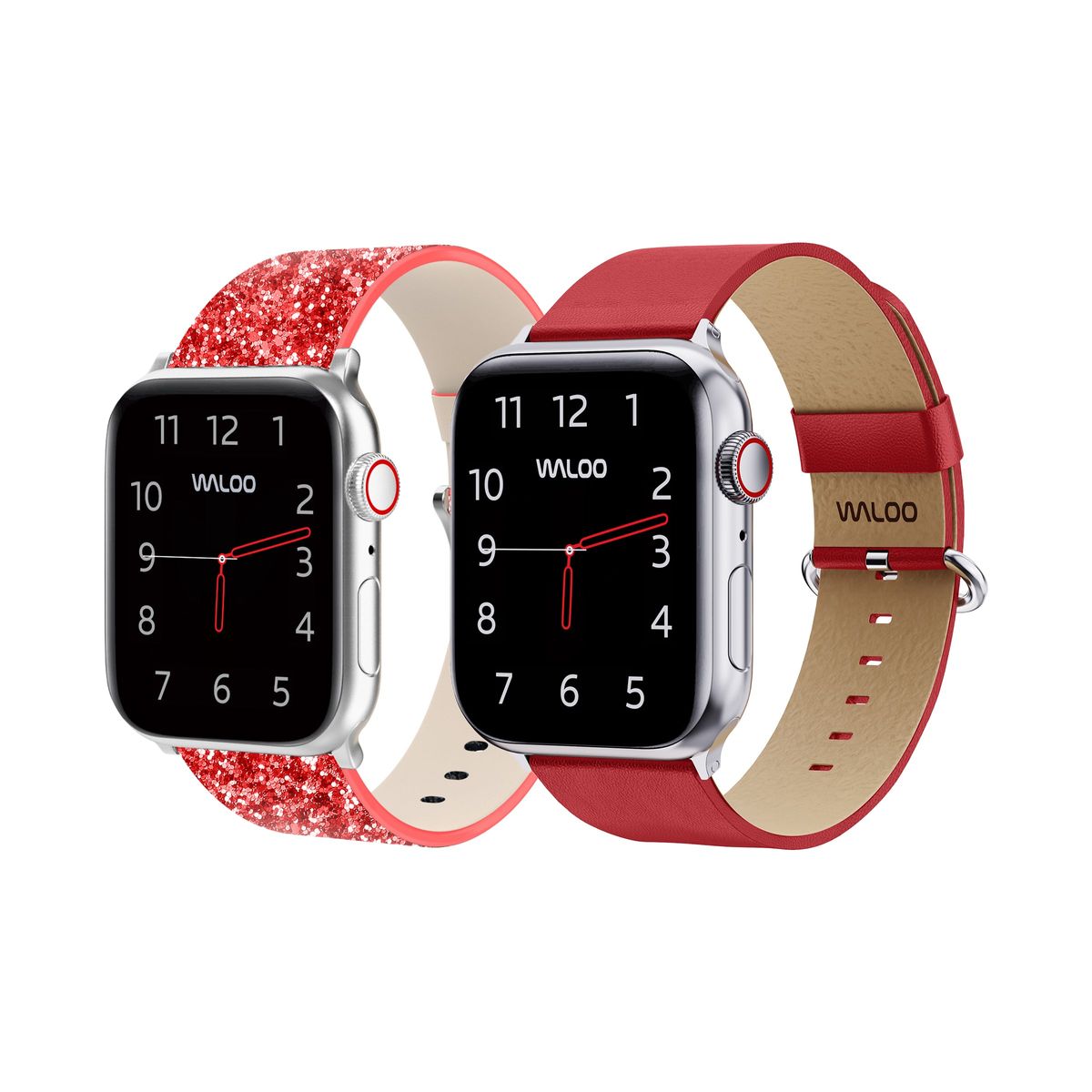 Waloo&reg; Bling & Leather Grain Bands for Apple Watch (2-Pack) - 42/44/45/49mm / Red Bling + Red Grain