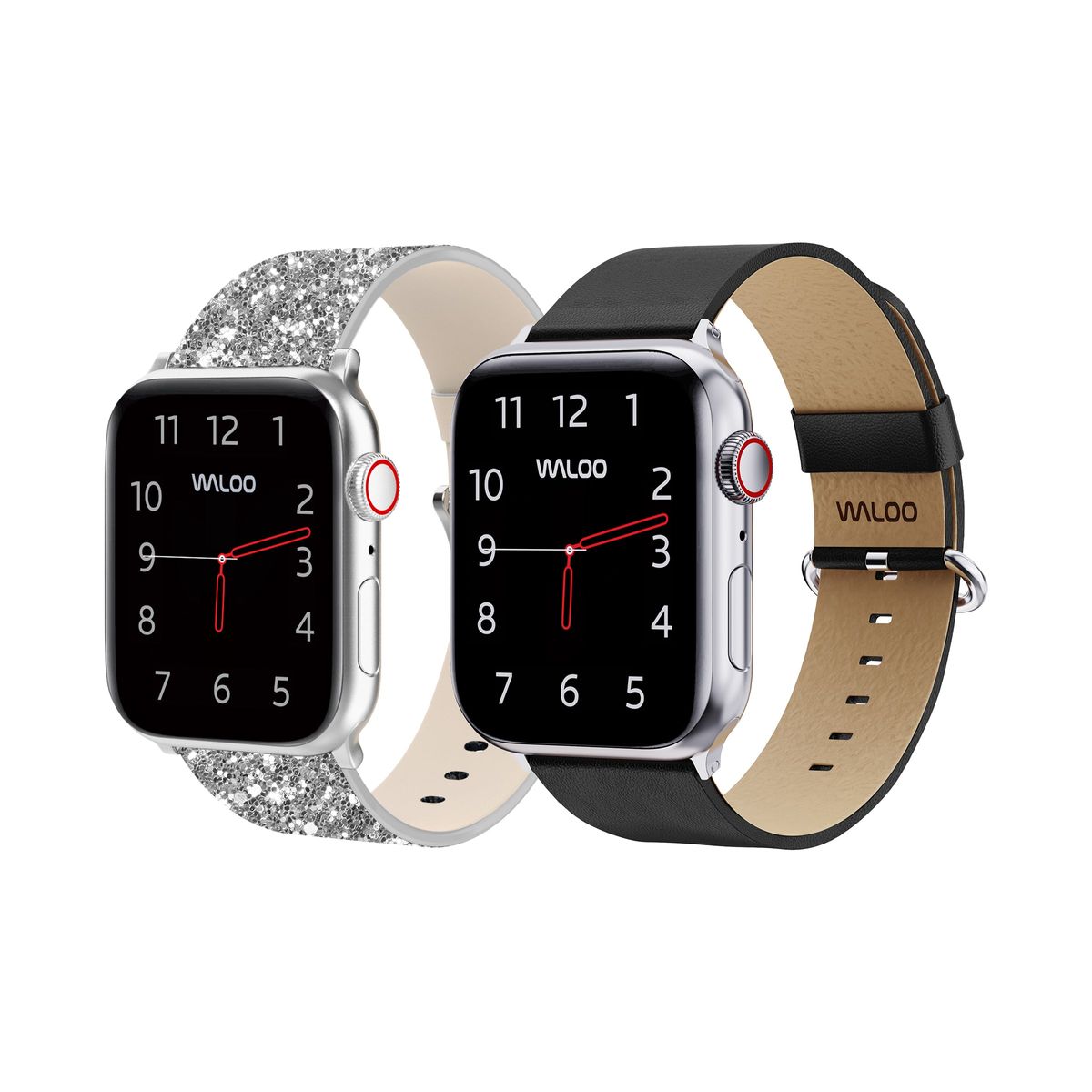 Waloo&reg; Bling & Leather Grain Bands for Apple Watch (2-Pack) - 42/44/45/49mm / Silver Bling + Black Gra