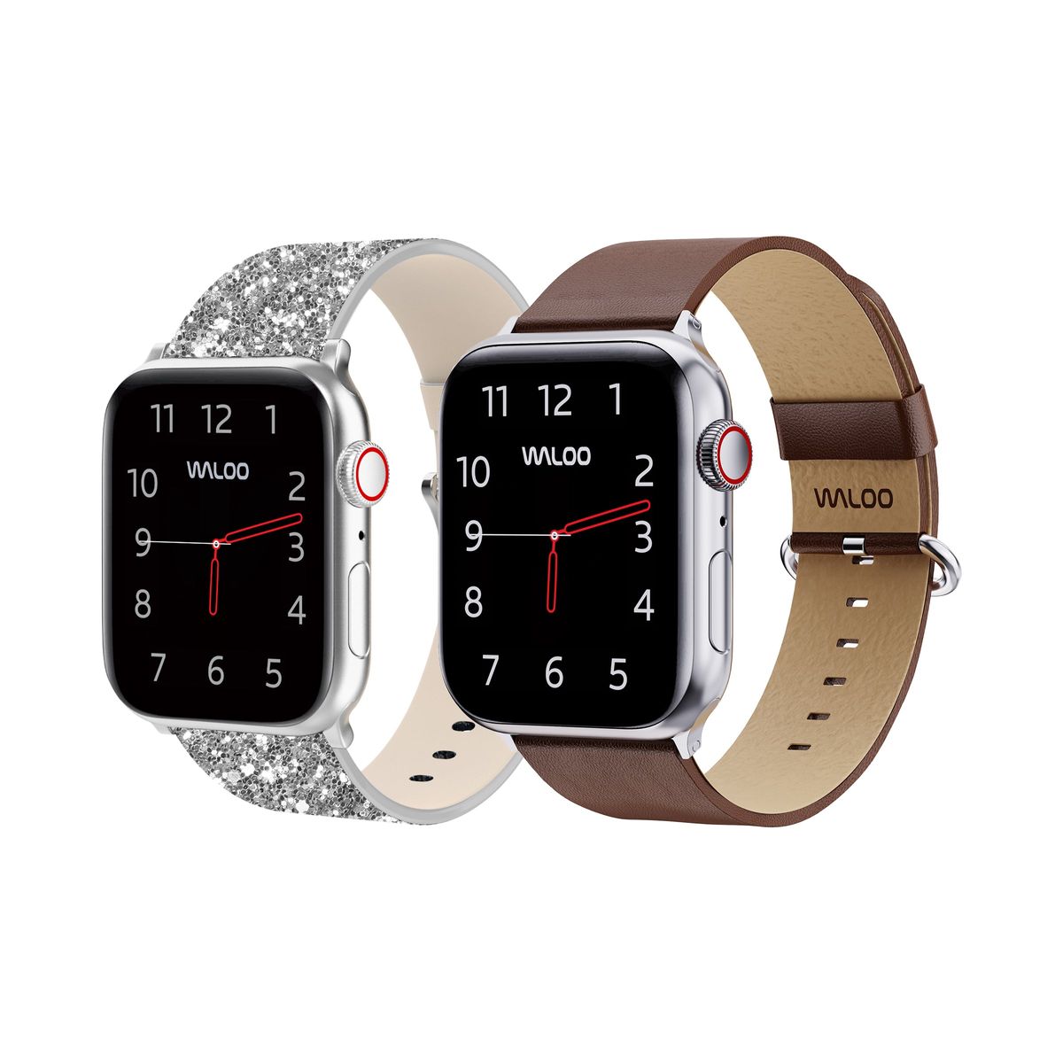 Waloo&reg; Bling & Leather Grain Bands for Apple Watch (2-Pack) - 42/44/45/49mm / Silver Bling + Brown Gra