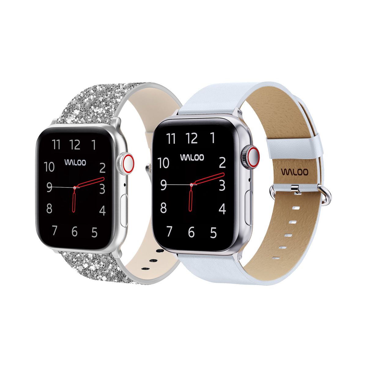 Waloo® Bling & Leather Grain Bands for Apple Watch (2-Pack) - 38/40/41mm / Silver Bling + White Grain