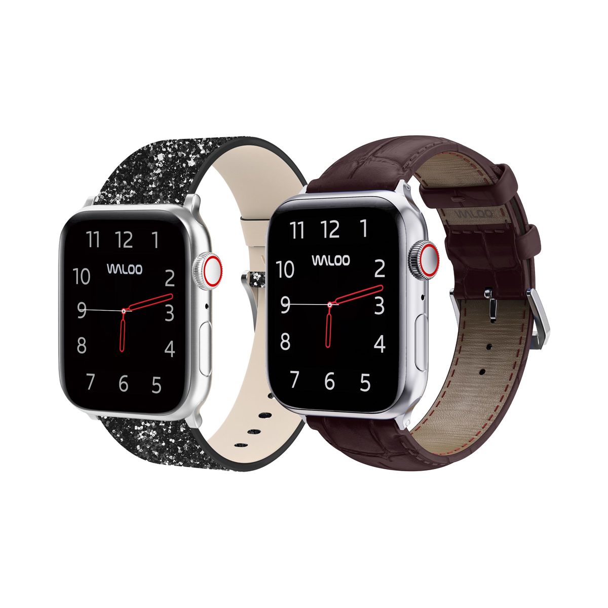 Waloo® Bling & Crocodile Leather Bands for Apple Watch (2-Pack) - 42/44/45/49mm / Black Bling + Brown Crocodile