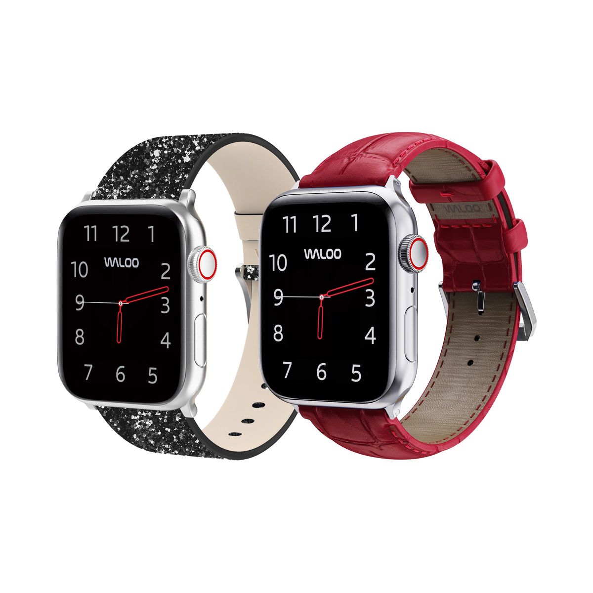 Waloo® Bling & Crocodile Leather Bands for Apple Watch (2-Pack) - 42/44/45/49mm / Black Bling + Red Crocodile