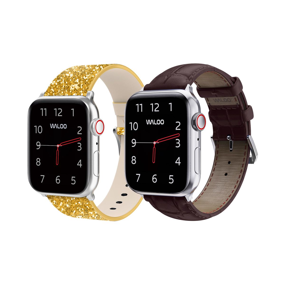 Waloo® Bling & Crocodile Leather Bands for Apple Watch (2-Pack) - 42/44/45/49mm / Gold Bling + Brown Crocodile