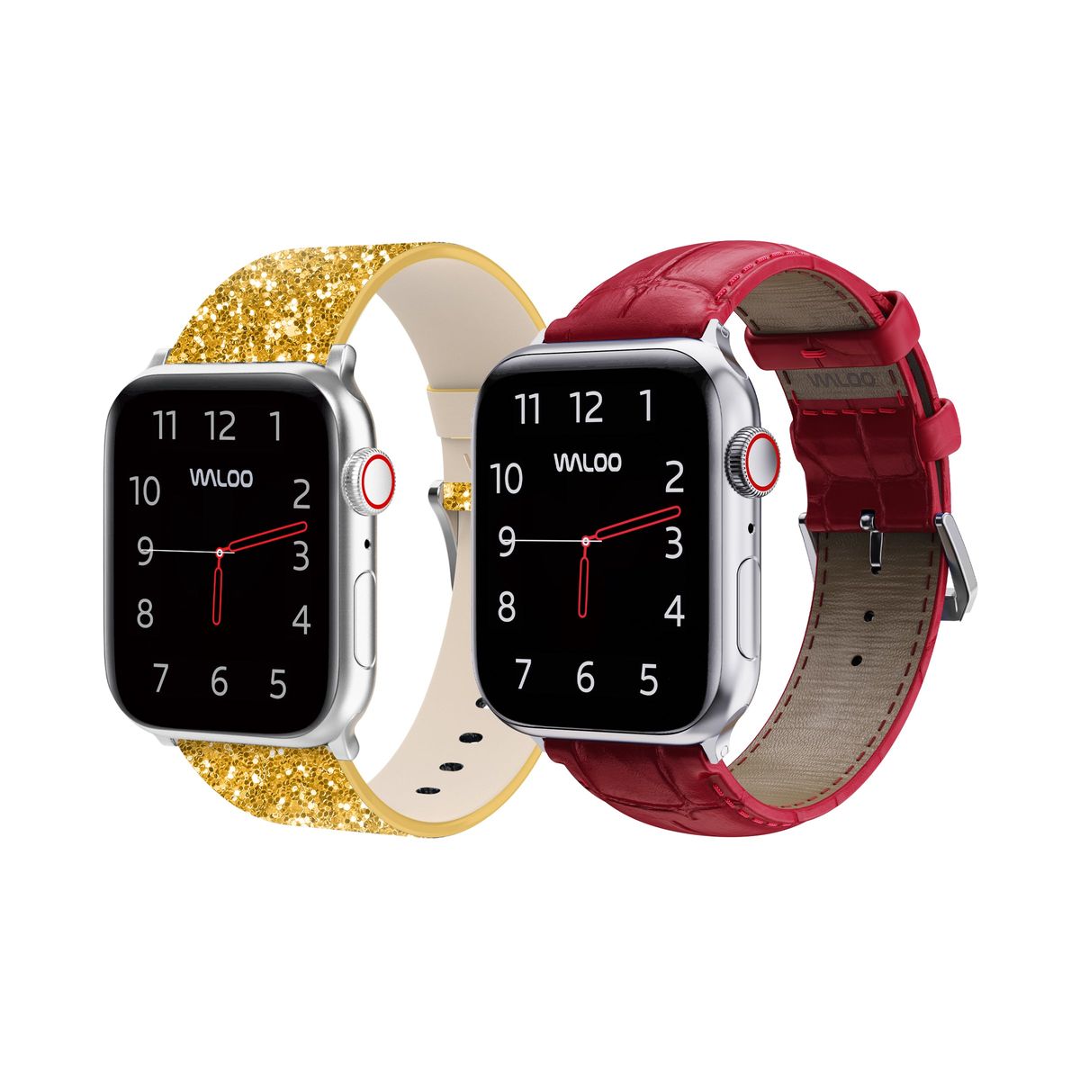 Waloo&reg; Bling & Crocodile Leather Bands for Apple Watch (2-Pack) - 42/44/45/49mm / Gold Bling + Red Crocodile