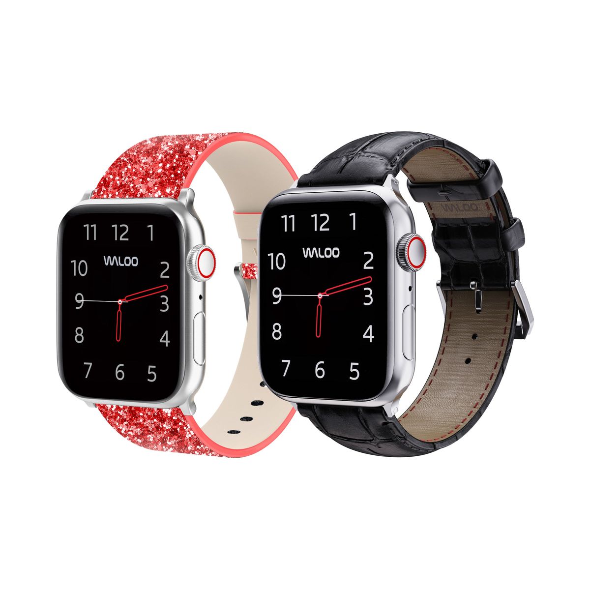 Waloo® Bling & Crocodile Leather Bands for Apple Watch (2-Pack) - 42/44/45/49mm / Red Bling + Black Crocodile