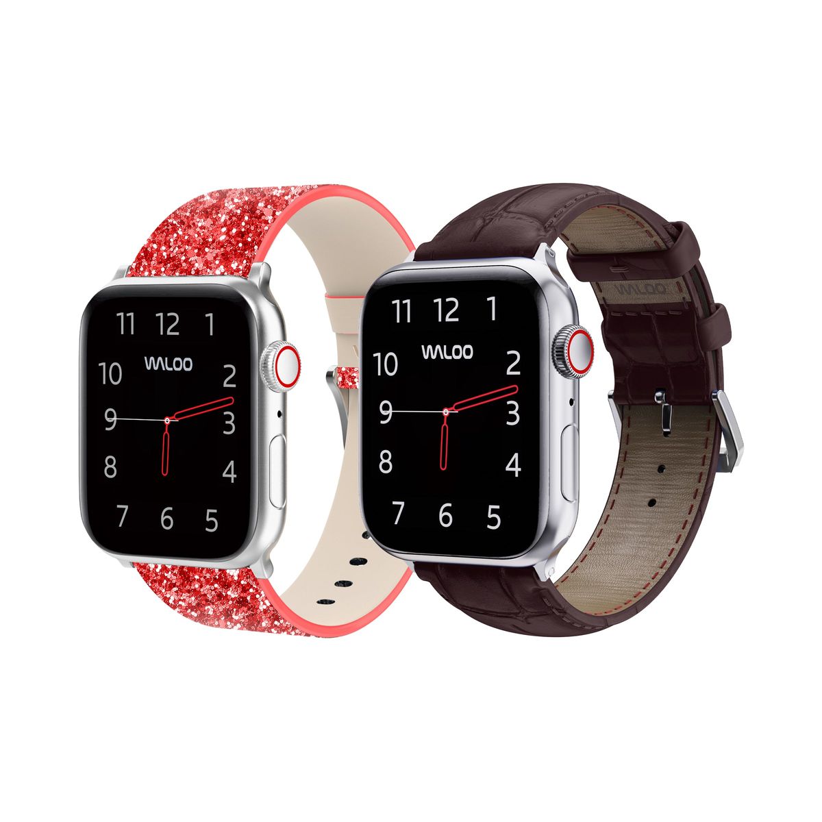 Waloo&reg; Bling & Crocodile Leather Bands for Apple Watch (2-Pack) - 42/44/45/49mm / Red Bling + Brown Crocodile