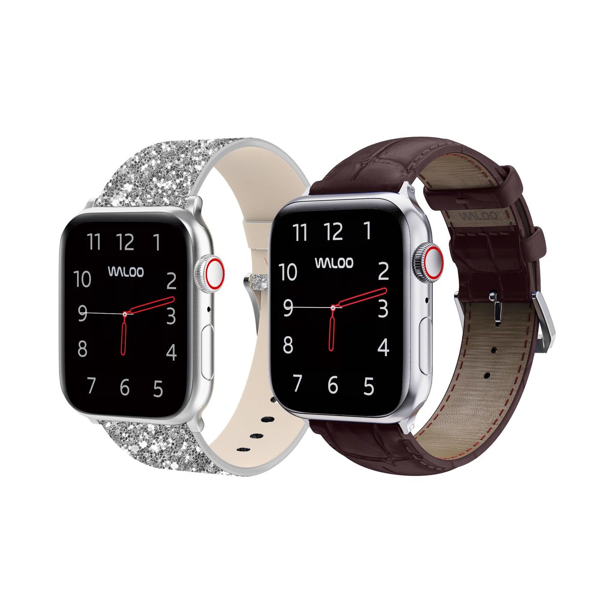 Waloo&reg; Bling & Crocodile Leather Bands for Apple Watch (2-Pack) - 42/44/45/49mm / Silver Bling + Brown Crocodile