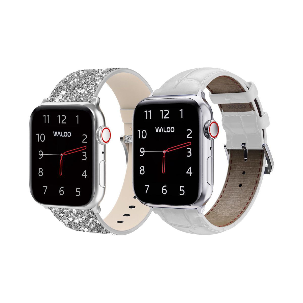 Waloo® Bling & Crocodile Leather Bands for Apple Watch (2-Pack) - 42/44/45/49mm / Silver Bling + White Crocodile