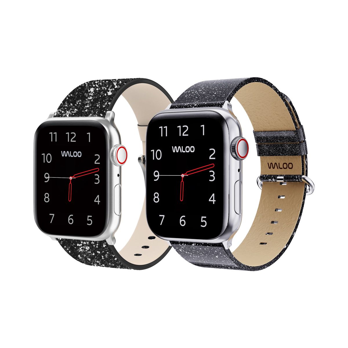 Waloo&reg; Leather Bling & Shiny Brilliance Bands for Apple Watch (2-Pack) - 42/44/45/49mm / Black Bling + Black Brilliance