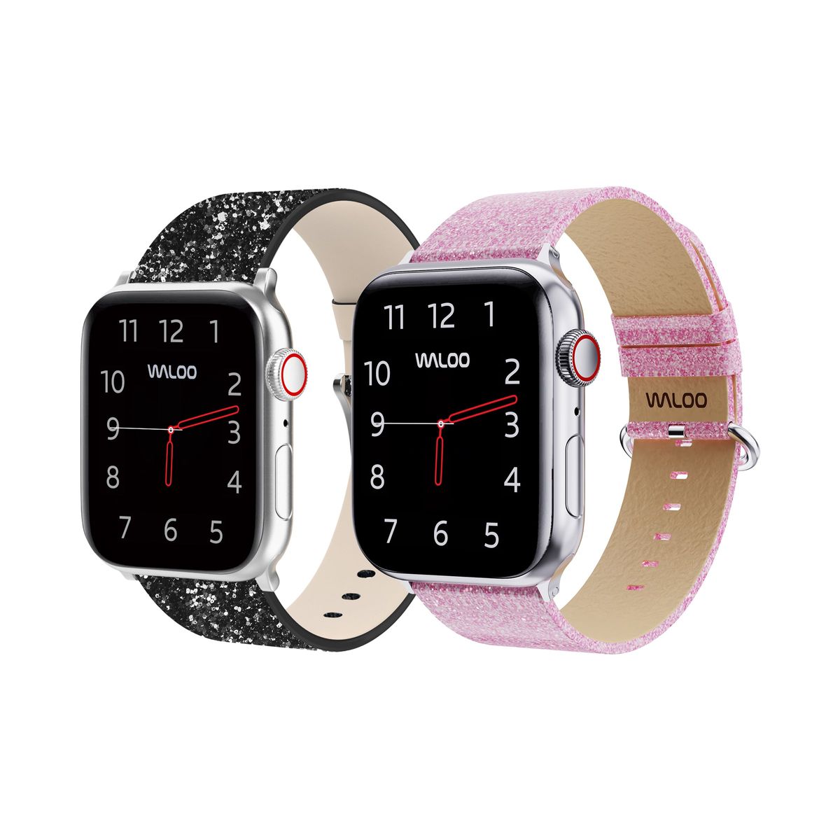 Waloo® Leather Bling & Shiny Brilliance Bands for Apple Watch (2-Pack) - 42/44/45/49mm / Black Bling + Pink Brilliance