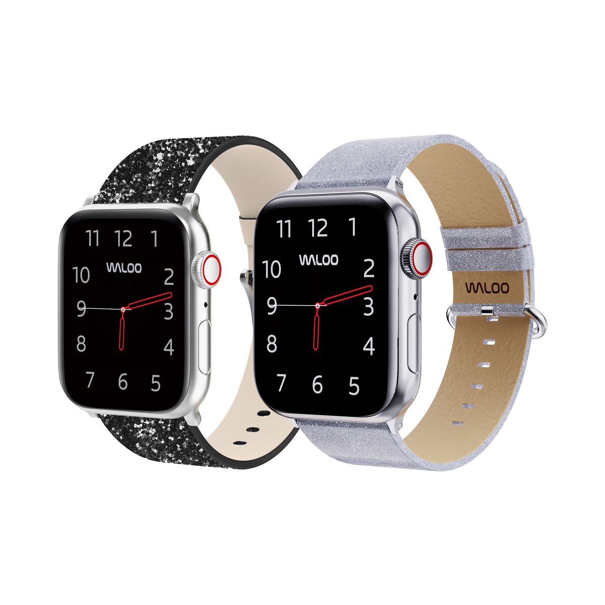 Waloo&reg; Leather Bling & Shiny Brilliance Bands for Apple Watch (2-Pack) - 42/44/45/49mm / Black Bling + Silver Brilliance