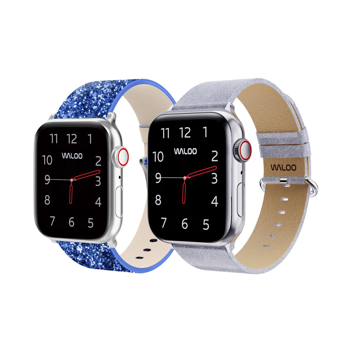 Waloo® Leather Bling & Shiny Brilliance Bands for Apple Watch (2-Pack) - 42/44/45/49mm / Blue Bling + Silver Brilliance
