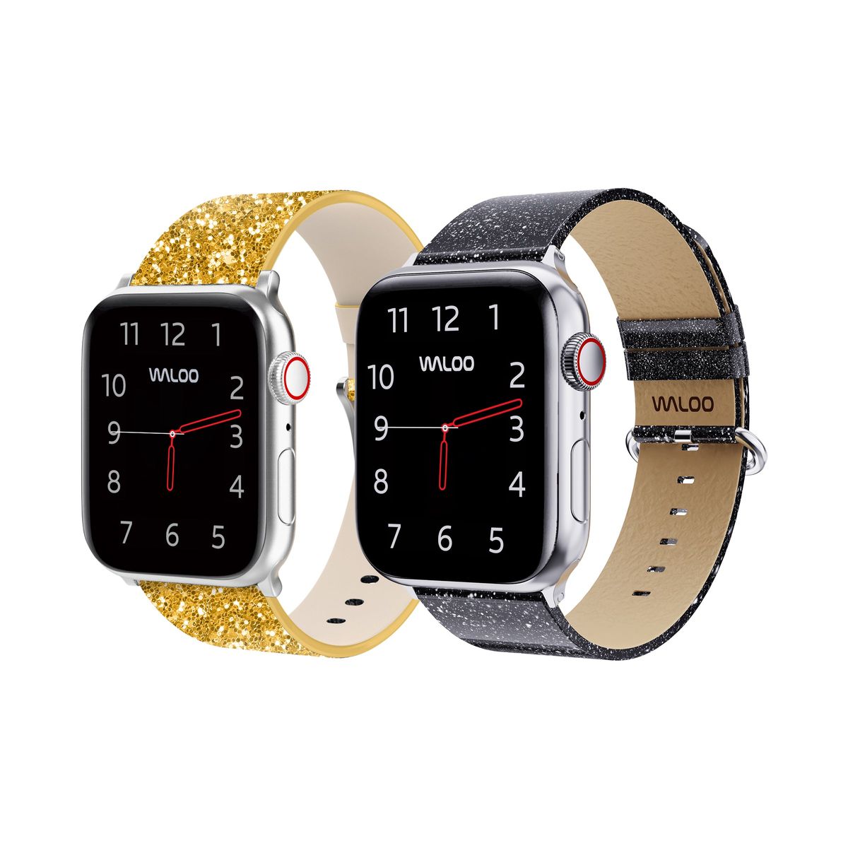 Waloo® Leather Bling & Shiny Brilliance Bands for Apple Watch (2-Pack) - 38/40/41mm / Gold Bling + Black Brilliance
