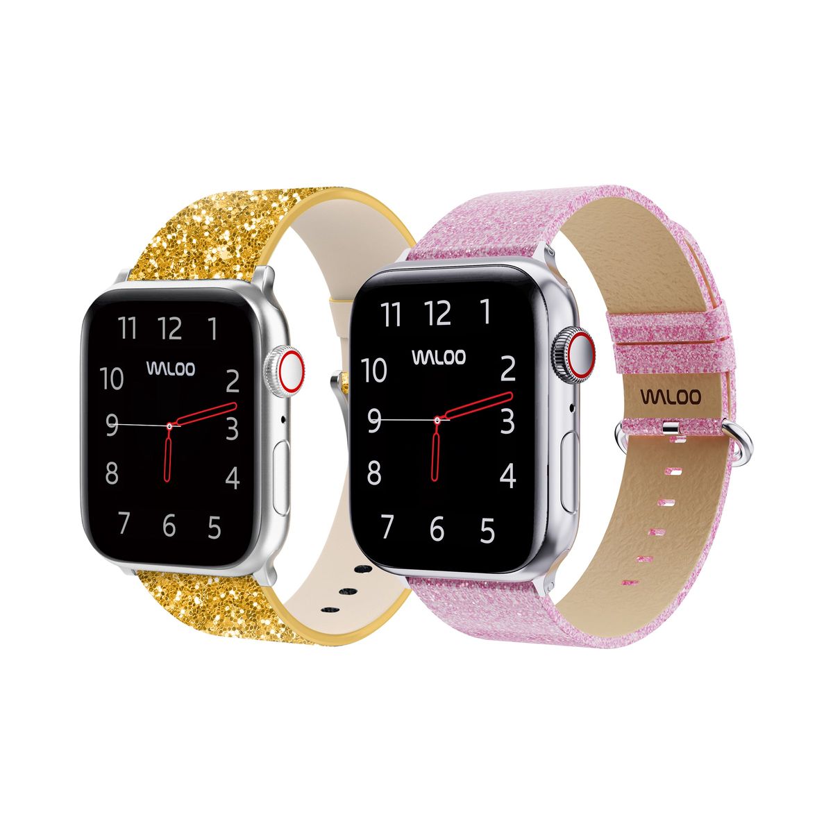 Walooยฎ Leather Bling & Shiny Brilliance Bands for Apple Watch (2-Pack) - 42/44/45/49mm / Gold Bling + Pink Brilliance