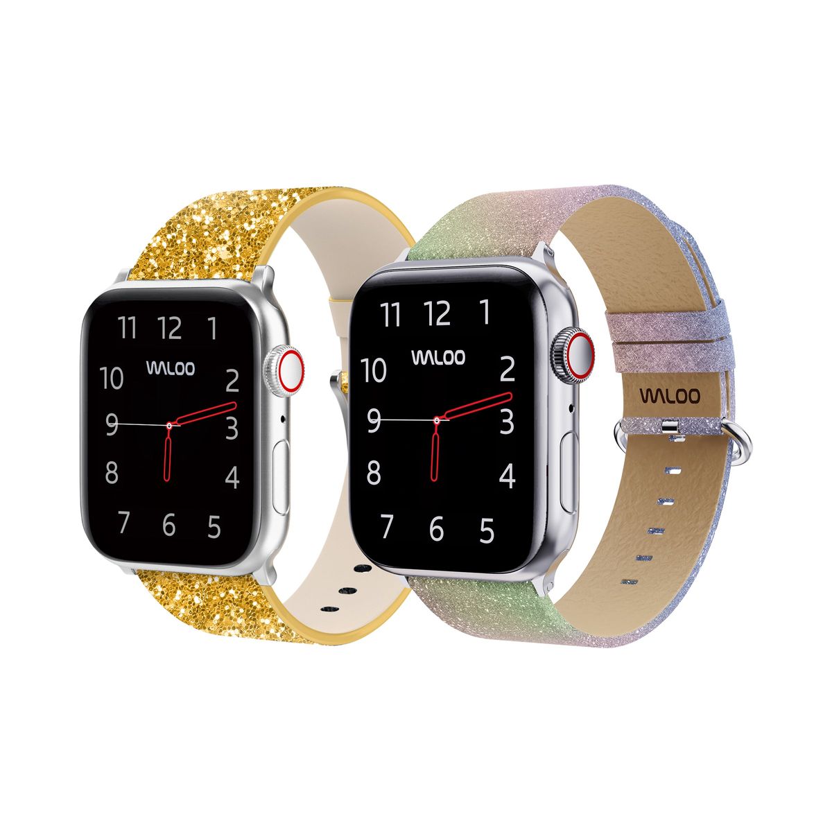 Waloo® Leather Bling & Shiny Brilliance Bands for Apple Watch (2-Pack) - 38/40/41mm / Gold Bling + Rainbow Brilliance
