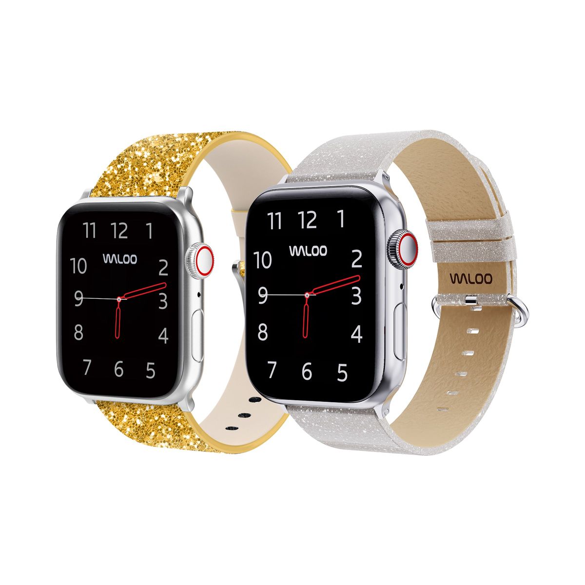 Waloo® Leather Bling & Shiny Brilliance Bands for Apple Watch (2-Pack) - 42/44/45/49mm / Gold Bling + White Brilliance