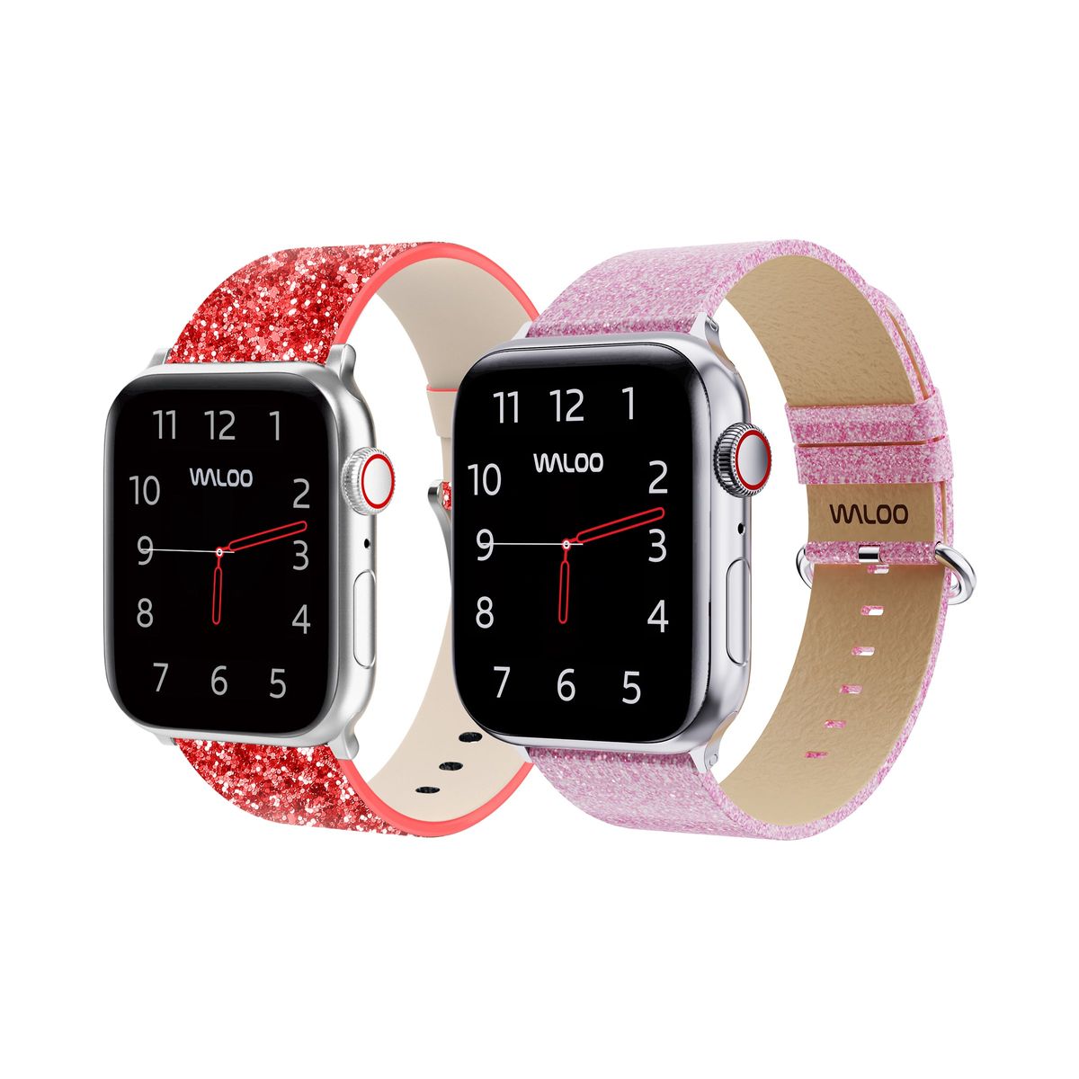 Waloo® Leather Bling & Shiny Brilliance Bands for Apple Watch (2-Pack) - 42/44/45/49mm / Red Bling + Pink Brilliance