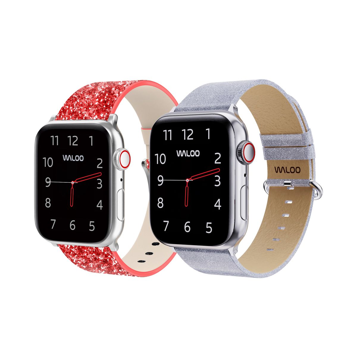 Waloo® Leather Bling & Shiny Brilliance Bands for Apple Watch (2-Pack) - 42/44/45/49mm / Red Bling + Silver Brilliance