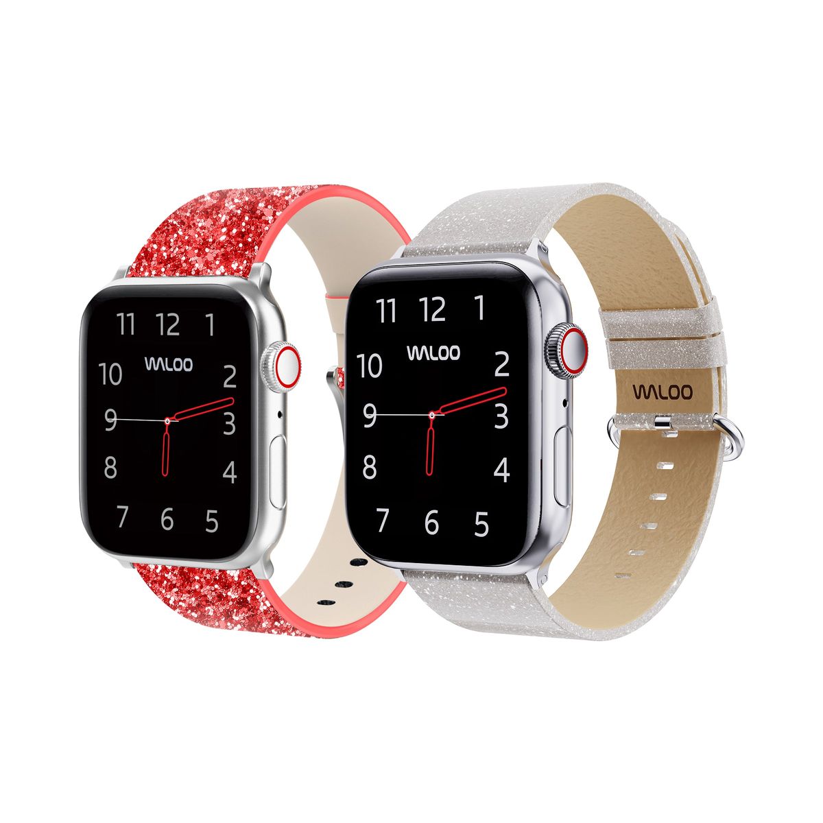 Waloo® Leather Bling & Shiny Brilliance Bands for Apple Watch (2-Pack) - 42/44/45/49mm / Red Bling + White Brilliance