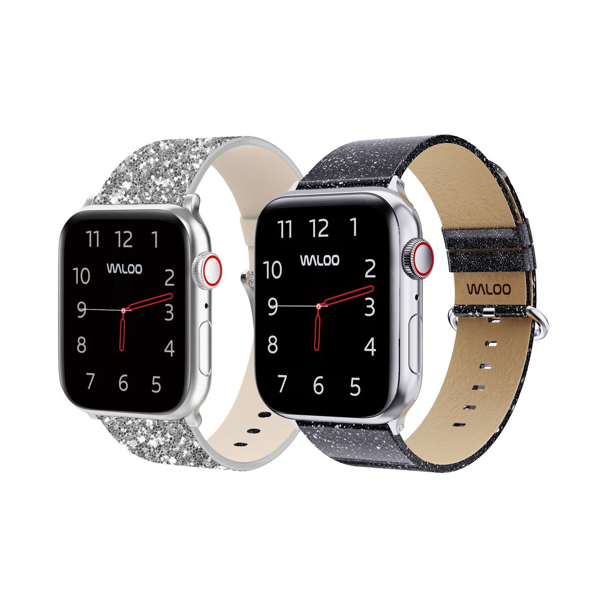 Waloo® Leather Bling & Shiny Brilliance Bands for Apple Watch (2-Pack) - 42/44/45/49mm / Silver Bling + Black Brilliance