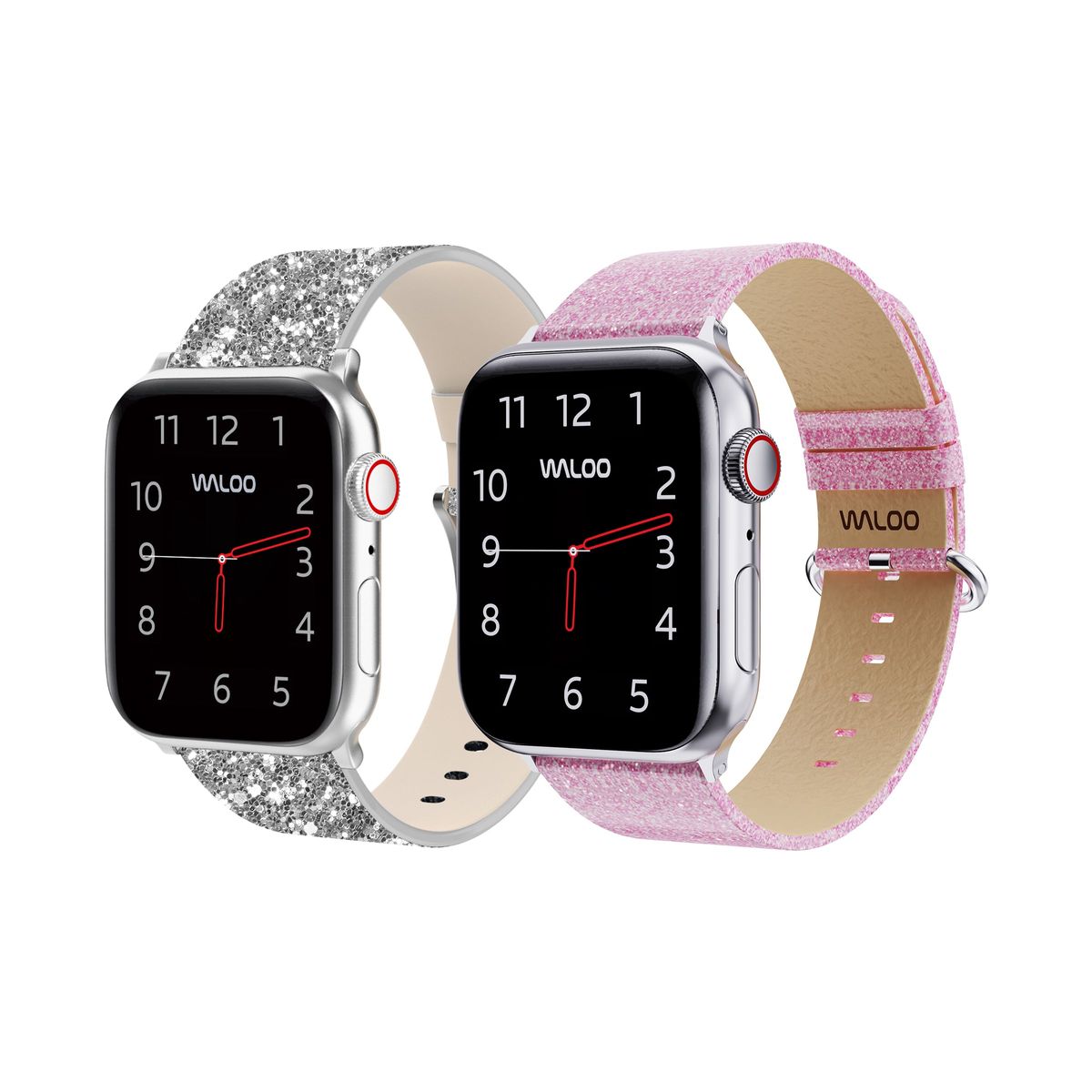 Waloo® Leather Bling & Shiny Brilliance Bands for Apple Watch (2-Pack) - 42/44/45/49mm / Silver Bling + Pink Brilliance