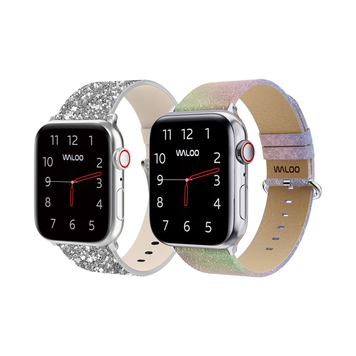 Waloo&reg; Leather Bling & Shiny Brilliance Bands for Apple Watch (2-Pack) - 42/44/45/49mm / Silver Bling + Rainbow Brilliance