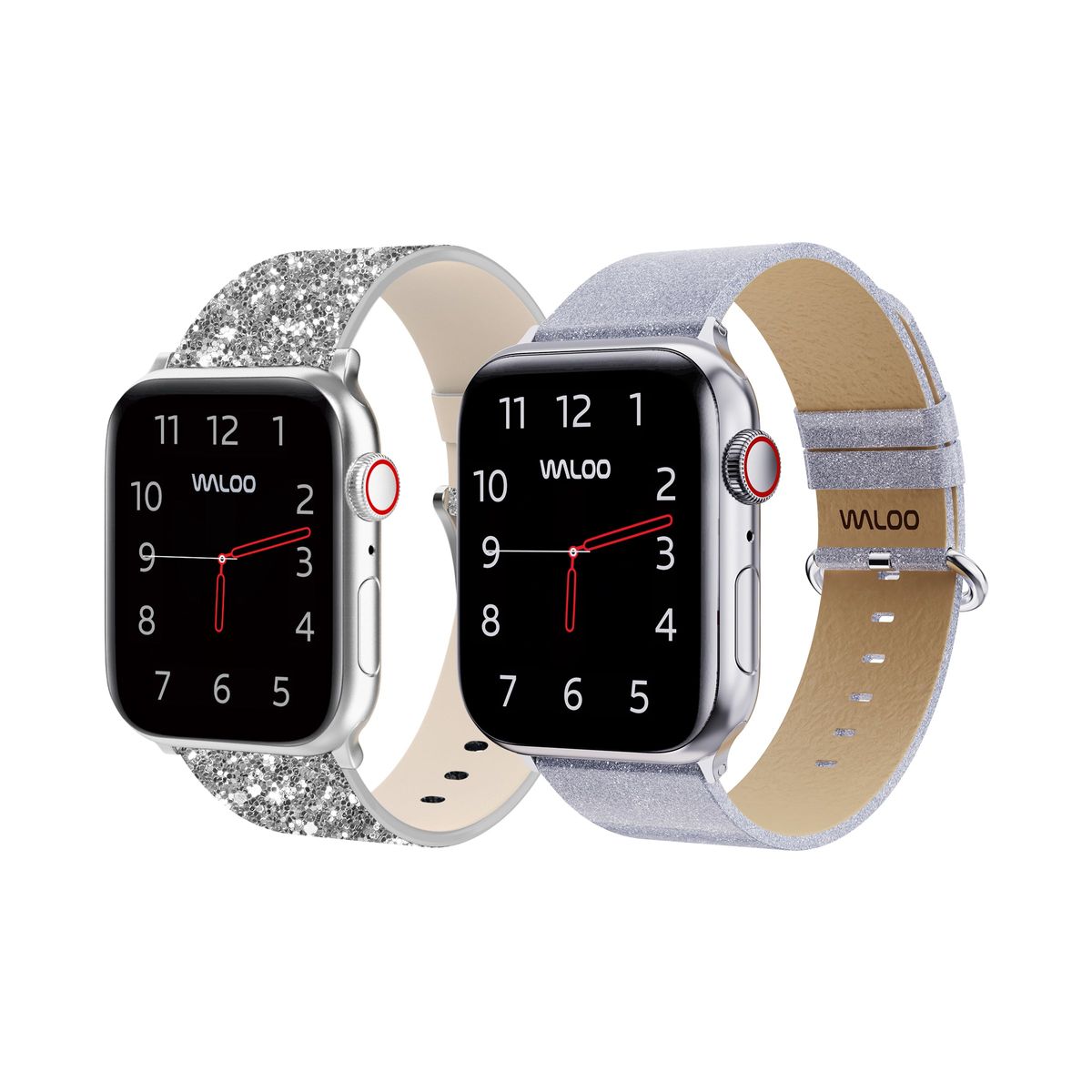 Waloo® Leather Bling & Shiny Brilliance Bands for Apple Watch (2-Pack) - 42/44/45/49mm / Silver Bling + Silver Brilliance