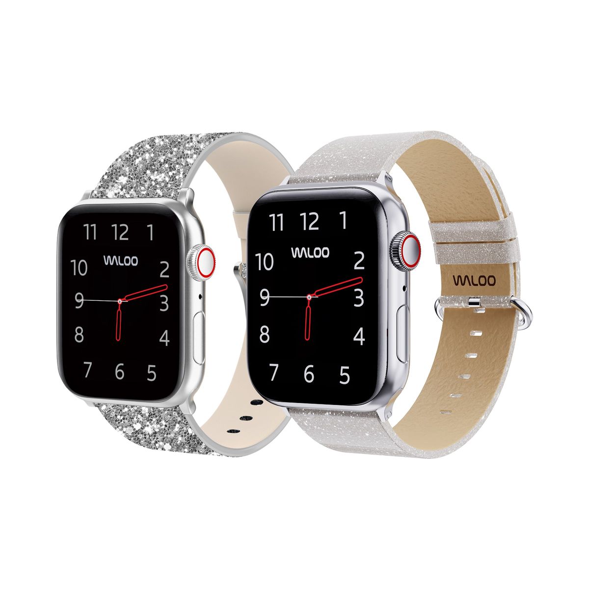 Waloo® Leather Bling & Shiny Brilliance Bands for Apple Watch (2-Pack) - 38/40/41mm / Silver Bling + White Brilliance