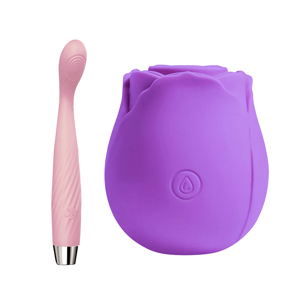 10-Mode G-Spot Curved Clitoral Stimulator & Rose Suction Toy Combo Set - G Spot Vibrator Plus Purple Rose