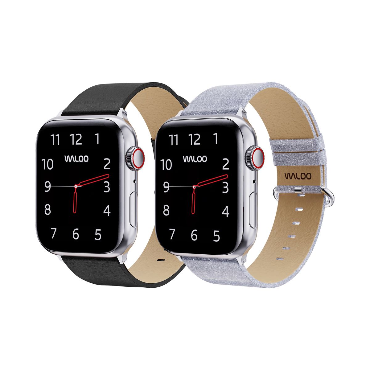 Waloo&reg; Leather Grain & Shiny Brilliance Bands for Apple Watch (2-Pack) - 42/44/45/49mm / Black Leather Grain + Silver Brilliance