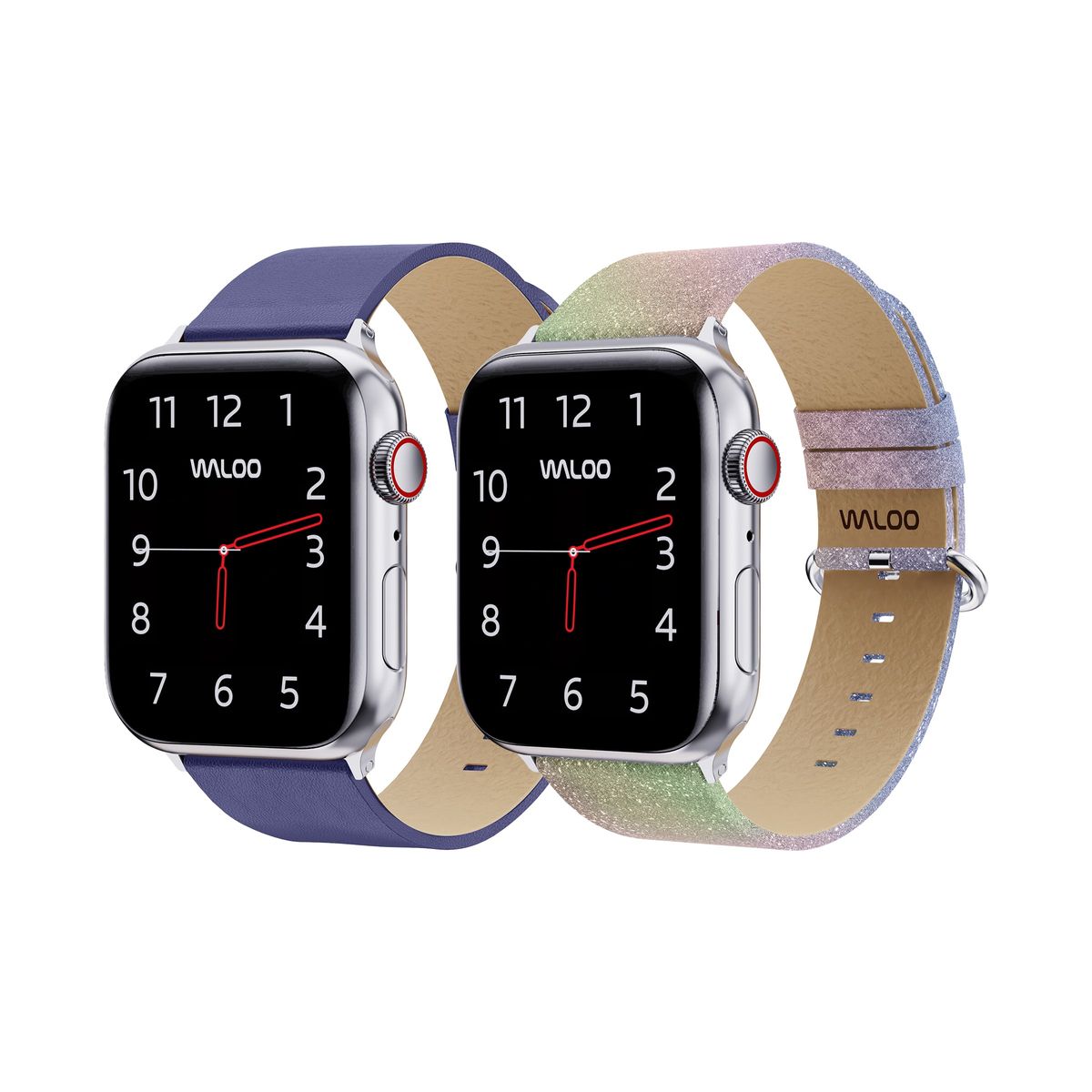 Waloo&reg; Leather Grain & Shiny Brilliance Bands for Apple Watch (2-Pack) - 42/44/45/49mm / Blue Leather Grain + Rainbow Brilliance