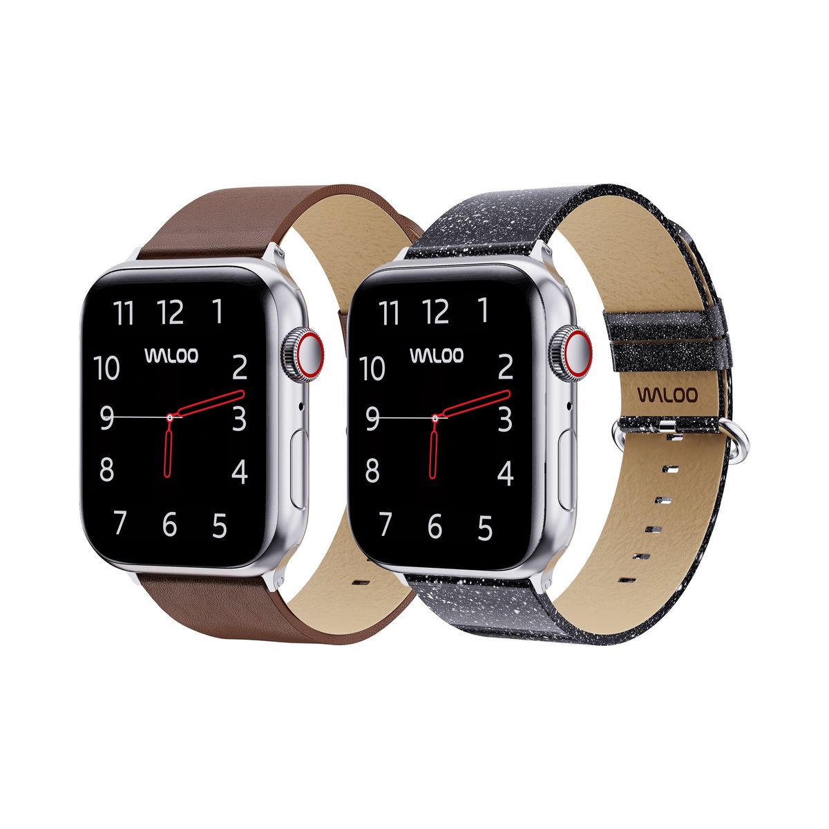 Waloo® Leather Grain & Shiny Brilliance Bands for Apple Watch (2-Pack) - 42/44/45/49mm / Brown Leather Grain + Black Brilliance