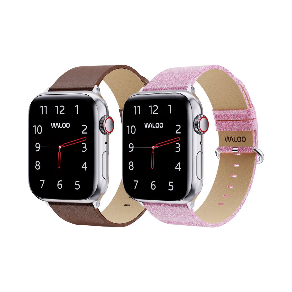 Waloo&reg; Leather Grain & Shiny Brilliance Bands for Apple Watch (2-Pack) - 42/44/45/49mm / Brown Leather Grain + Pink Brilliance