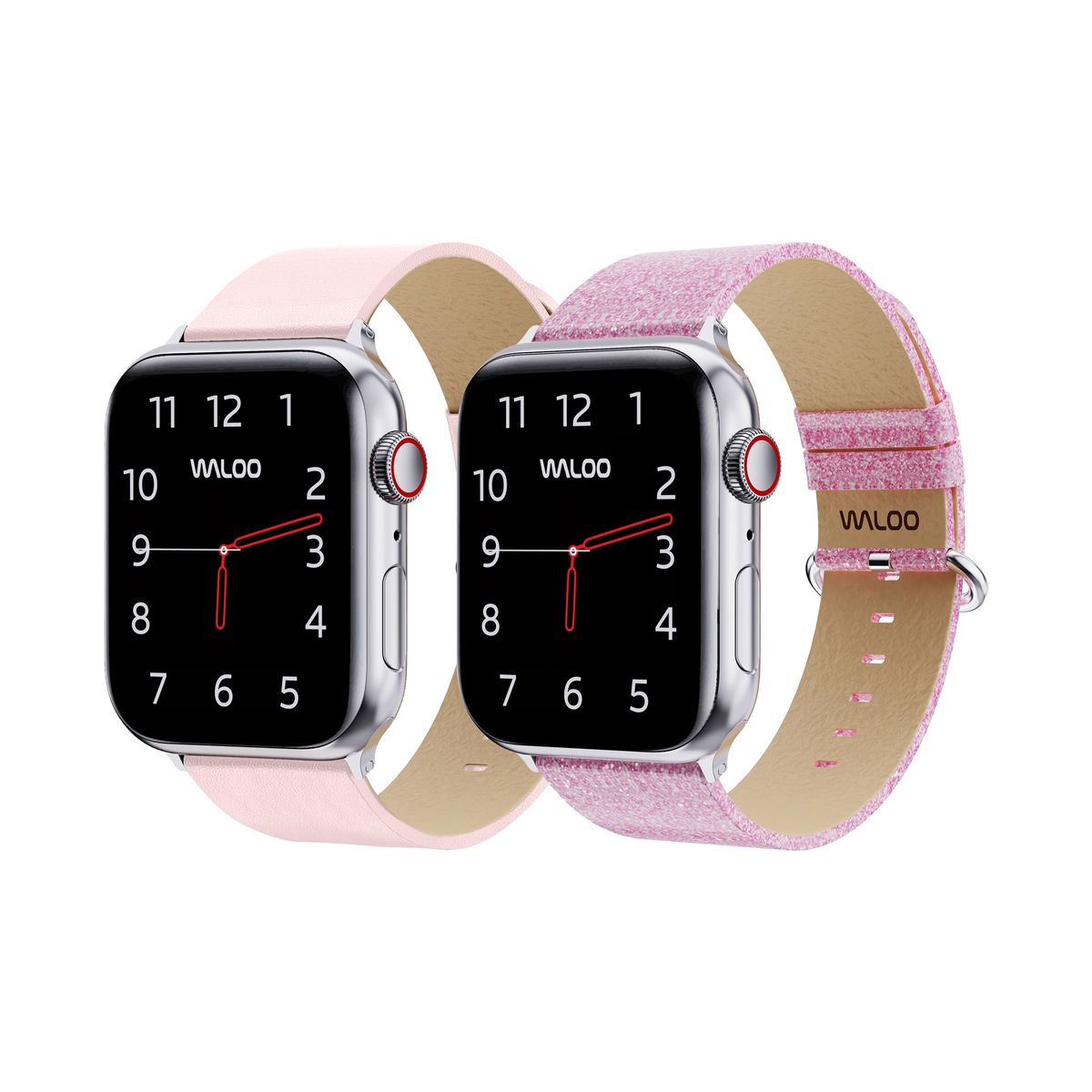 Waloo® Leather Grain & Shiny Brilliance Bands for Apple Watch (2-Pack) - 42/44/45/49mm / Pink Leather Grain + Pink Brilliance