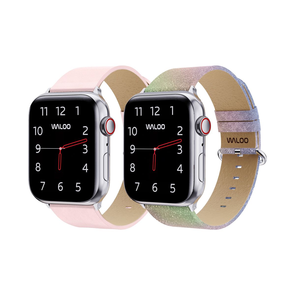 Waloo® Leather Grain & Shiny Brilliance Bands for Apple Watch (2-Pack) - 42/44/45/49mm / Pink Leather Grain + Rainbow Brilliance