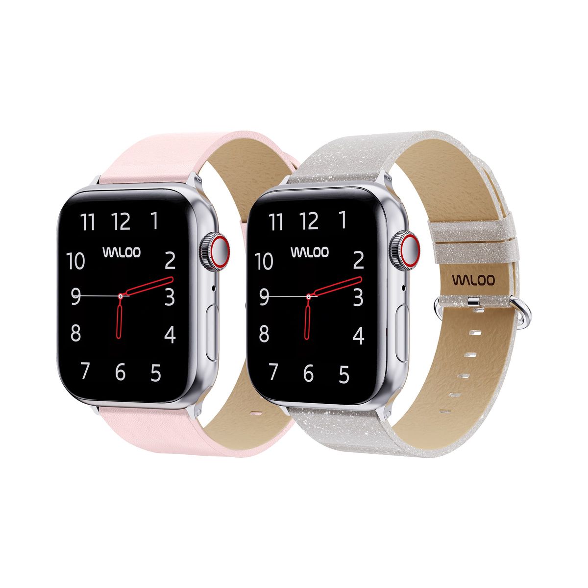 Waloo® Leather Grain & Shiny Brilliance Bands for Apple Watch (2-Pack) - 42/44/45/49mm / Pink Leather Grain + White Brilliance
