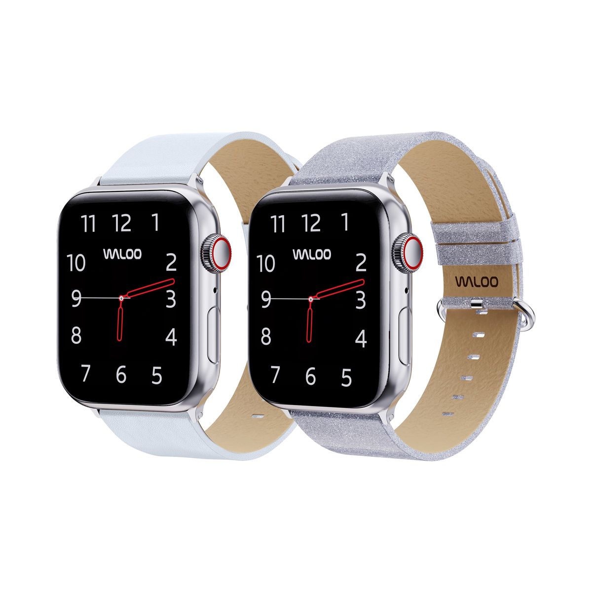 Waloo&reg; Leather Grain & Shiny Brilliance Bands for Apple Watch (2-Pack) - 42/44/45/49mm / White Leather Grain + Silver Brilliance