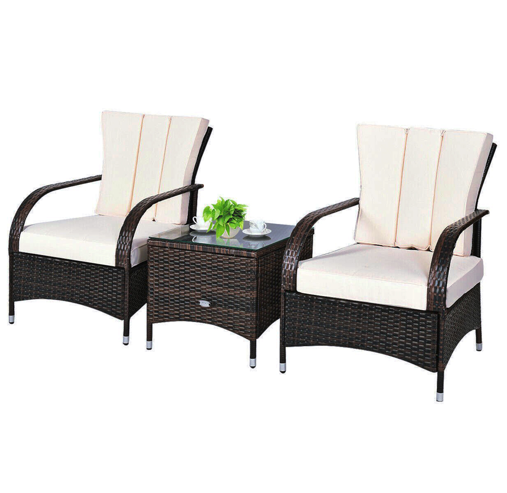 Rattan Outdoor 3-Piece Chair & Table Set - White