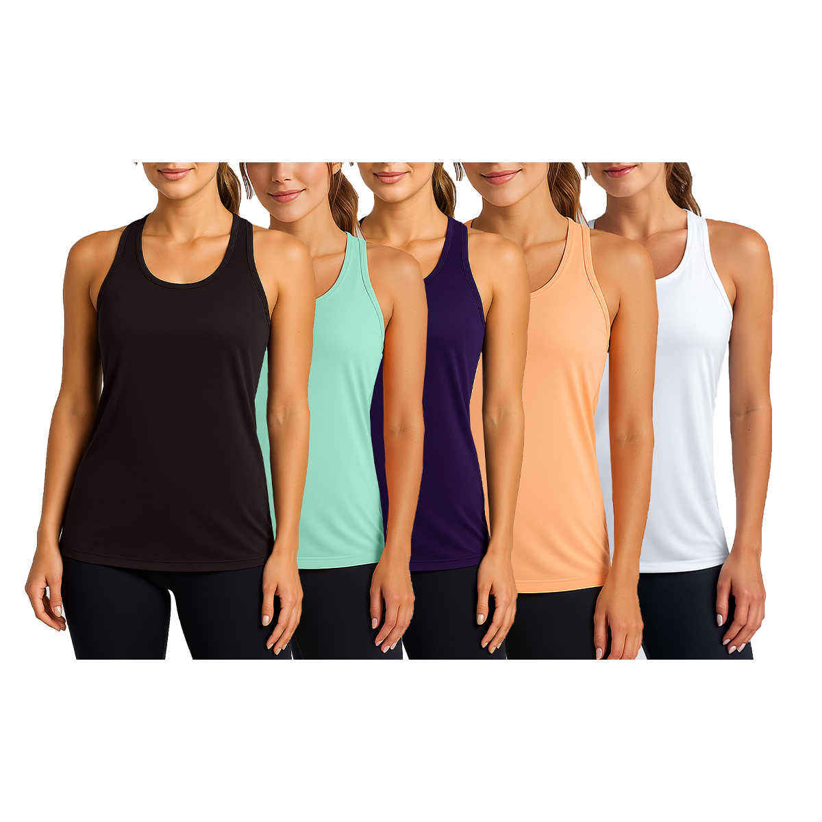 Women's Moisture-Wicking Performance Racerback Tank Top (5-Pack) - LRBT-100 / BK-MT-NV-PC-WH / XL