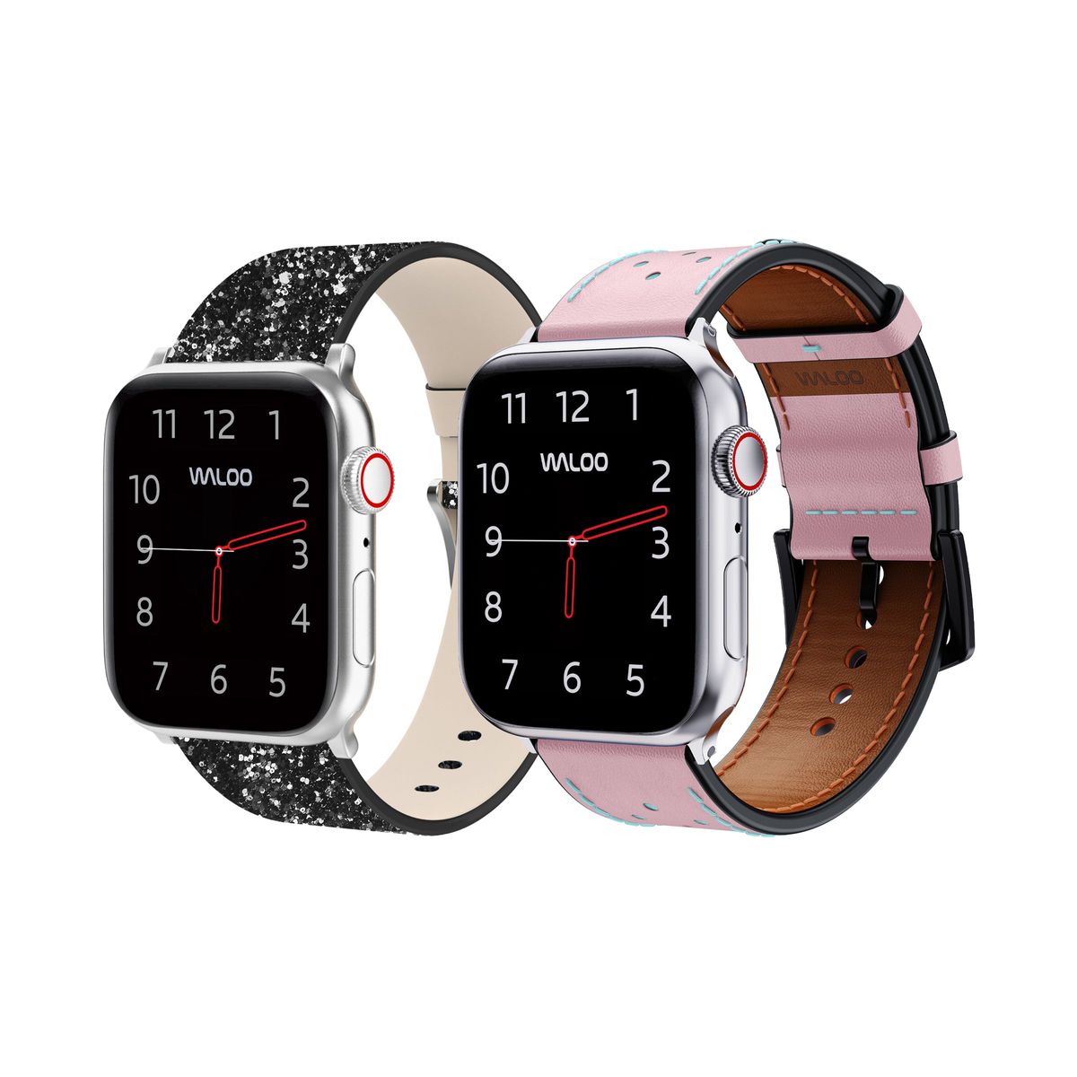 Waloo Bling and Breathable Leather Bands For Apple Watch  (2-Pack)  - 42/44/45/49mm / Black Bling + Pink Breathable Leather