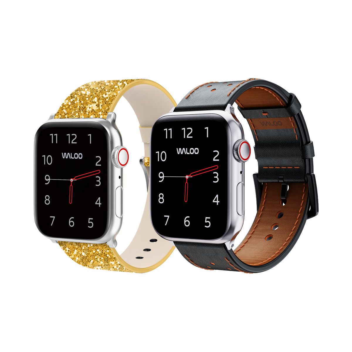 Waloo Bling and Breathable Leather Bands For Apple Watch  (2-Pack)  - 38/40/41mm / Gold Bling + Black Breathable Leather