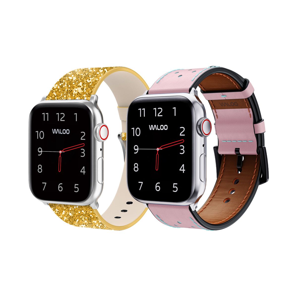 Waloo Bling and Breathable Leather Bands For Apple Watch  (2-Pack)  - 38/40/41mm / Gold Bling + Pink Breathable Leather-image-SKU10808783