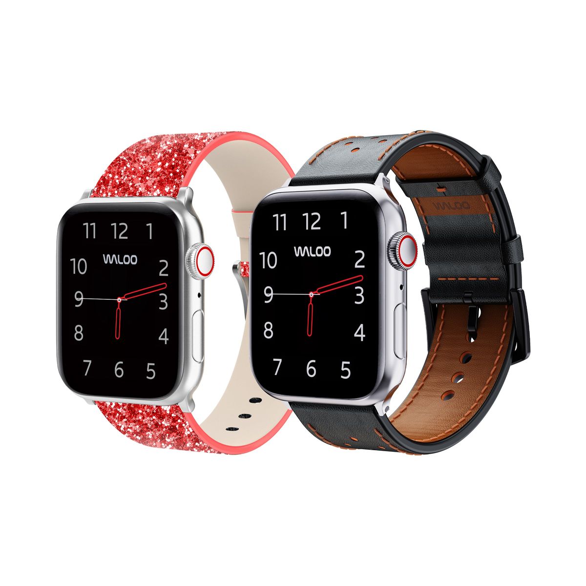Waloo Bling and Breathable Leather Bands For Apple Watch  (2-Pack)  - 42/44/45/49mm / Red Bling + Black Breathable Leather