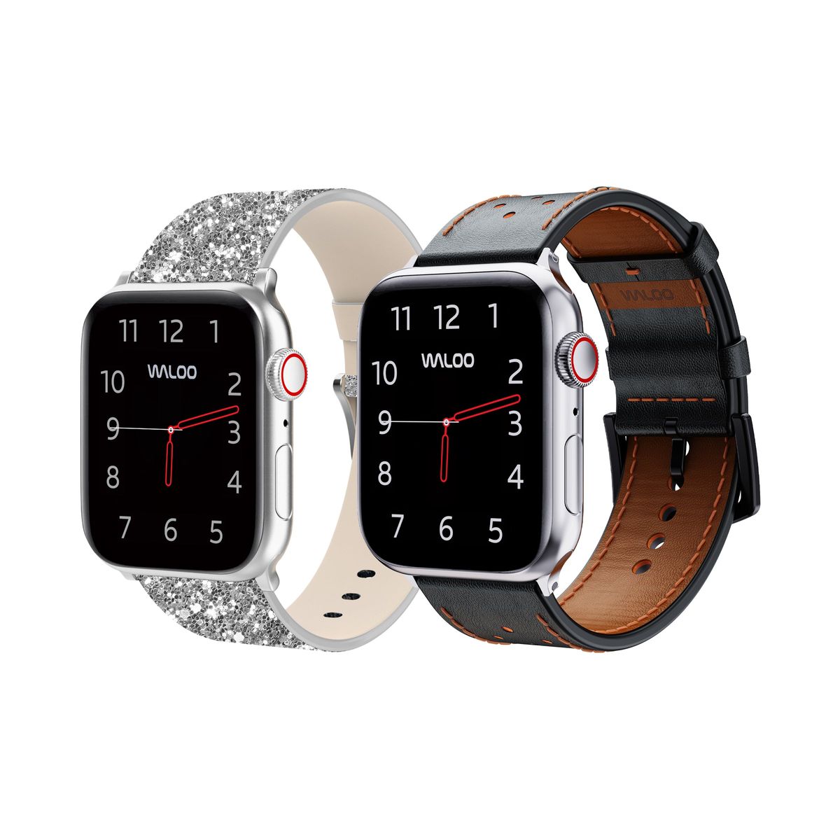 Waloo Bling and Breathable Leather Bands For Apple Watch  (2-Pack)  - 42/44/45/49mm / Silver Bling + Black Breathable Leather-image-SKU10808802