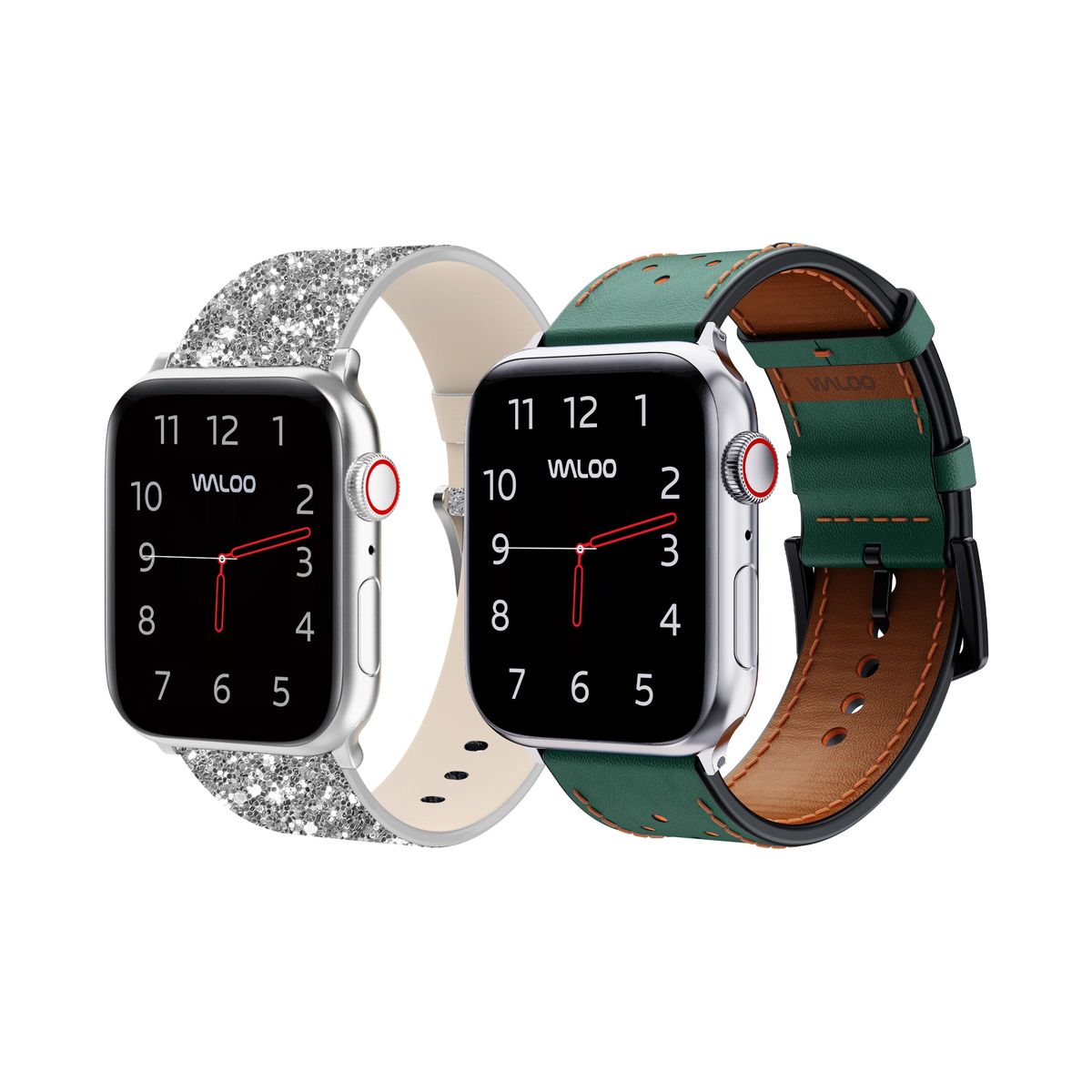 Waloo Bling and Breathable Leather Bands For Apple Watch  (2-Pack)  - 42/44/45/49mm / Silver Bling + Green Breathable Leather