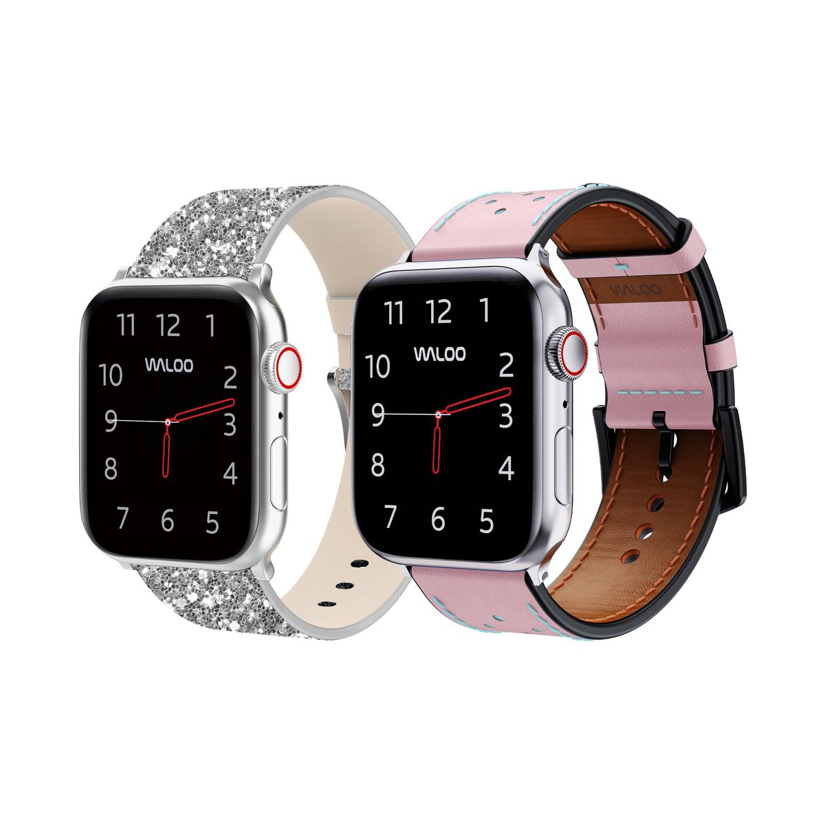 Waloo Bling and Breathable Leather Bands For Apple Watch  (2-Pack)  - 42/44/45/49mm / Silver Bling + Pink Breathable Leather