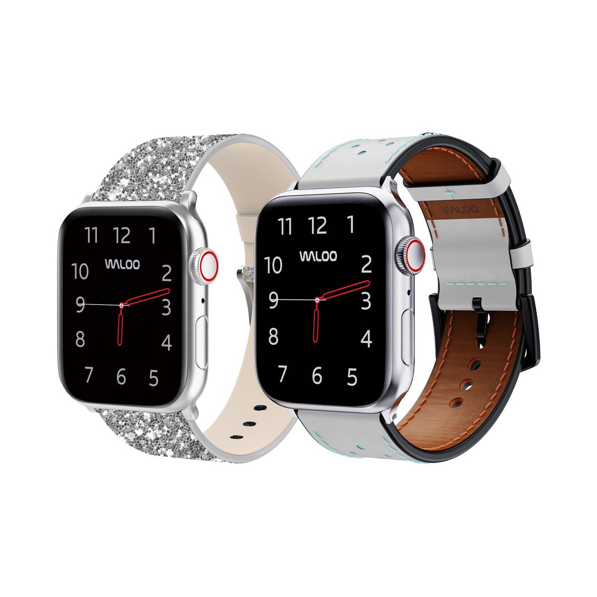 Waloo Bling and Breathable Leather Bands For Apple Watch  (2-Pack)  - 42/44/45/49mm / Silver Bling + White Breathable Leather
